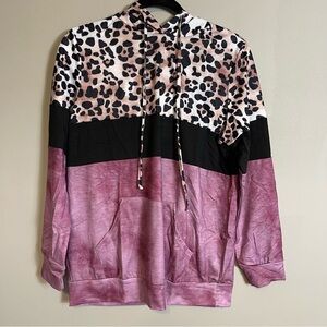 Womens Lightweight Pullover Hoodie Size Medium New Pink Rose Leopard Colorblock